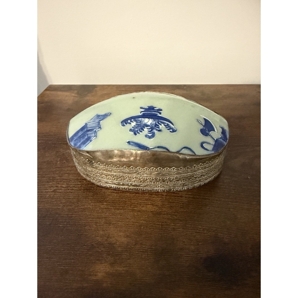 Vintage Chinoiserie Silverplate Box w/ Reclaimed Antique China Lid